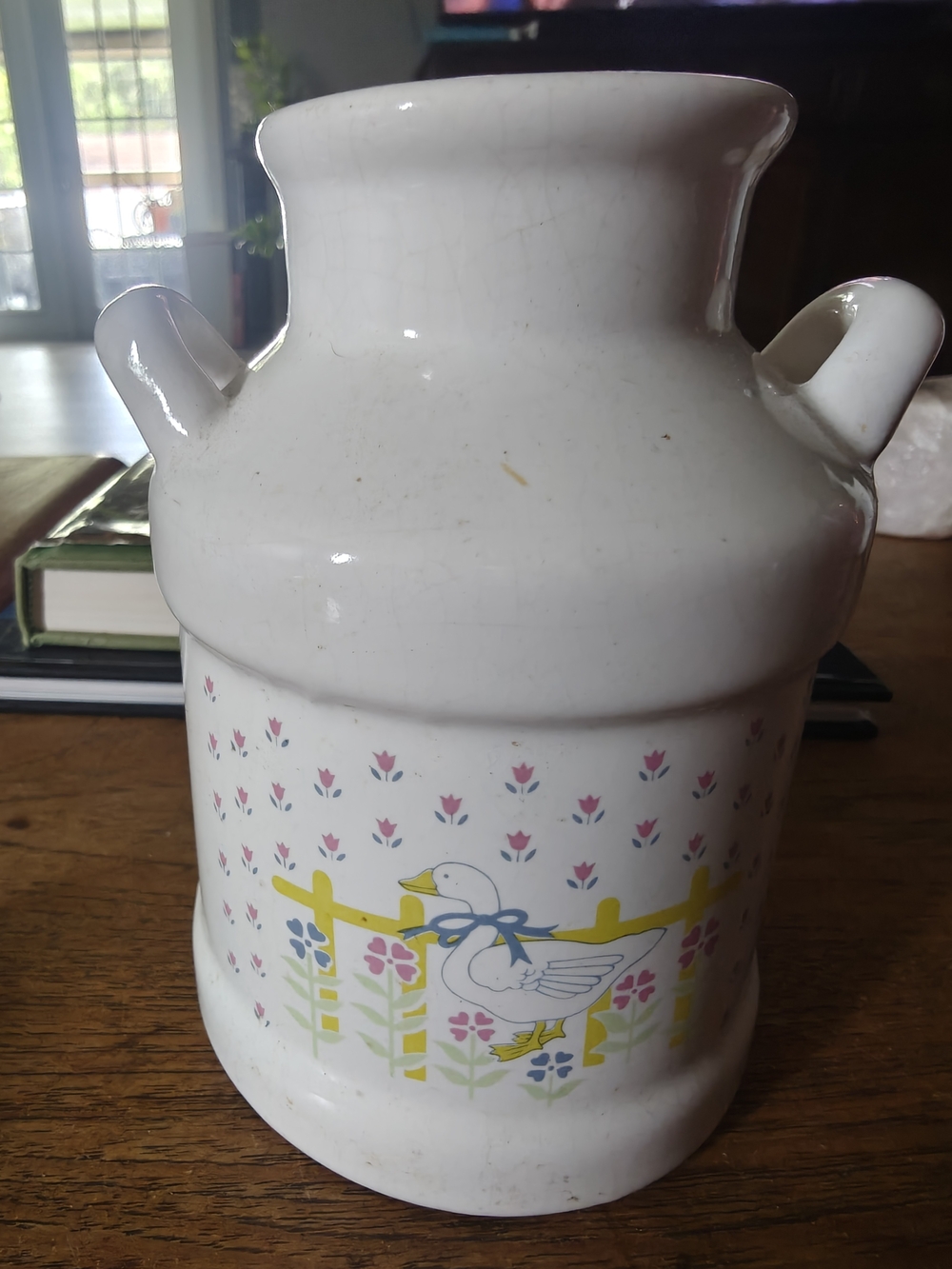 White Ceramic Farmhouse Milk Can Vase with Duck Motif